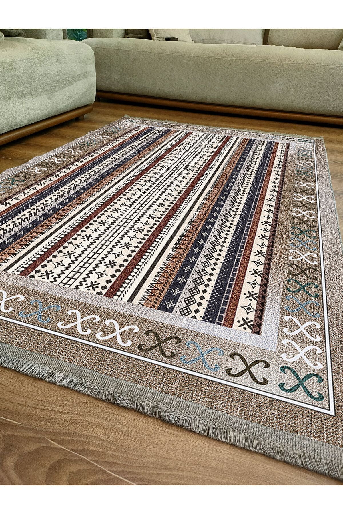 Halı Vagonu 2075 Serisi Kahve Tonlarında Etnik Geometrik Desen Kaymaz Taban Dekoratif Halı