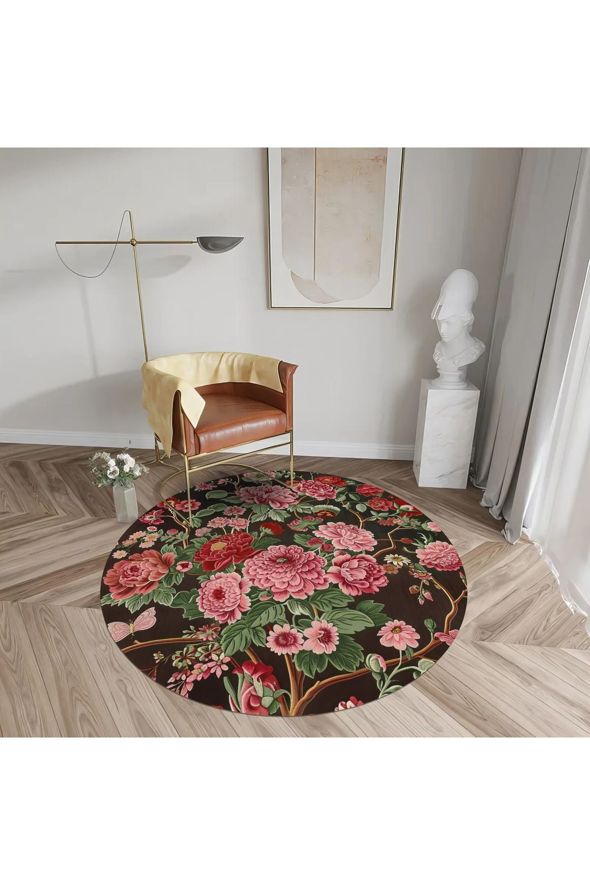 Halı Vagonu 144 Bahar Çiçekleri Kırmızı Yeşil Çok Renkli Yuvarlak Halı