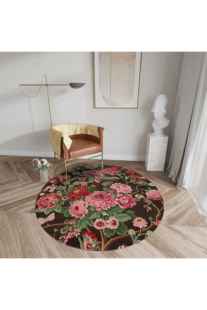 Halı Vagonu 144 Bahar Çiçekleri Kırmızı Yeşil Çok Renkli Yuvarlak Halı