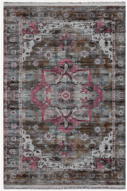 Halı Vagonu84 Etnik Desenli Yıkanabilir Kaymaz Tabanlı Salon Halısı, Koridor Ve Mutfak Halısı