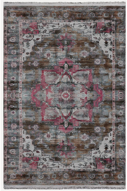 Halı Vagonu84 Etnik Desenli Yıkanabilir Kaymaz Tabanlı Salon Halısı, Koridor Ve Mutfak Halısı