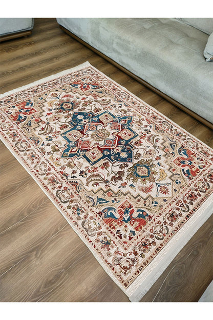 Halı Vagonu 2178 Krem Ve Bej Tonlarında Vintage Modern Saçaklı Yıkanabilen Dekoratif Halı