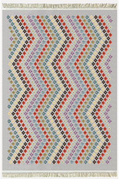 Cotton Kilim 45 Gri Zeminli Geneleksel Motifler Modern Dekoratif Yıkanabilen Dokuma T Kilim