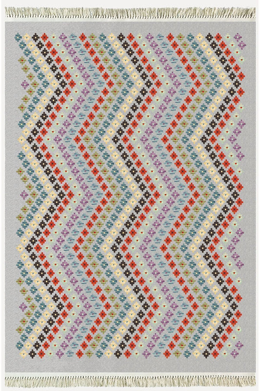 Cotton Kilim 45 Gri Zeminli Geneleksel Motifler Modern Dekoratif Yıkanabilen Dokuma T Kilim