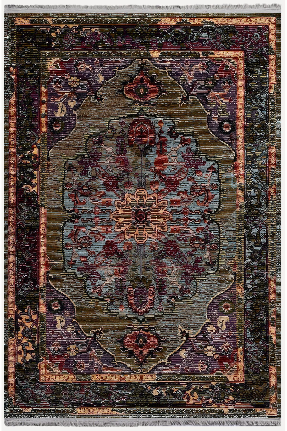 HV  69 Siyah Ve Koyu Yeşil Tonlarında Dekoratif Salon Halısı Klasik Halı Saçaklı Yıkanabilen Halı