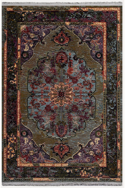 HV  69 Siyah Ve Koyu Yeşil Tonlarında Dekoratif Salon Halısı Klasik Halı Saçaklı Yıkanabilen Halı