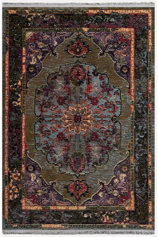 HV  69 Siyah Ve Koyu Yeşil Tonlarında Dekoratif Salon Halısı Klasik Halı Saçaklı Yıkanabilen Halı