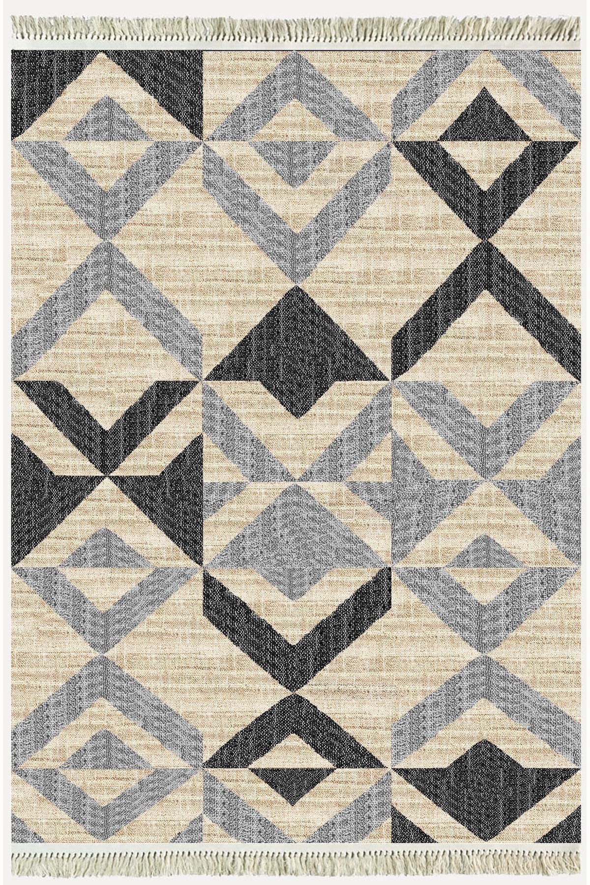 Cotton Kilim 37 Doğal Jut Renklı Giometrik Modern Desenli Dekoratif Yıkanabilen Dokuma Taban Kilim