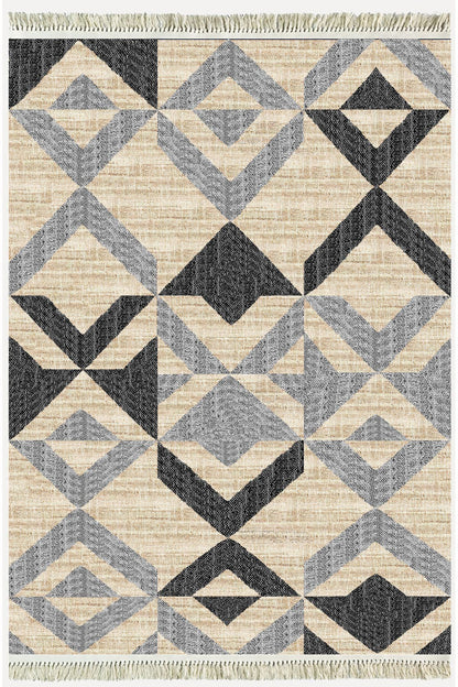 Cotton Kilim 37 Doğal Jut Renklı Giometrik Modern Desenli Dekoratif Yıkanabilen Dokuma Taban Kilim