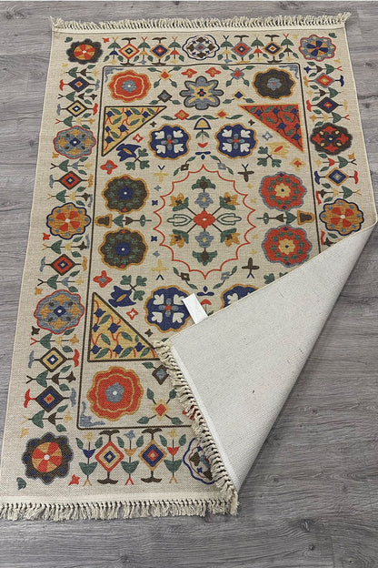 Cotton Etnik Otantik Çini Desenli Çok Renkli Makina Dokuma Kilim 2035