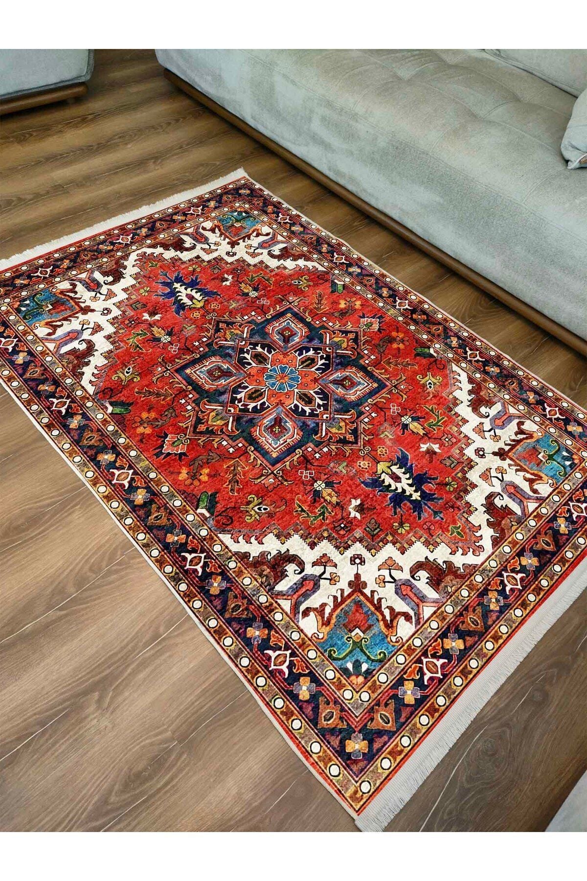 Halı Vagonu Kırmızı Tonlarında Etnik Eskitme Pamuk  Dokuma Taban Halı 2253