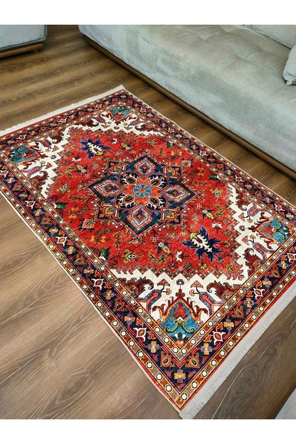 Halı Vagonu Kırmızı Tonlarında Etnik Eskitme Pamuk  Dokuma Taban Halı 2253