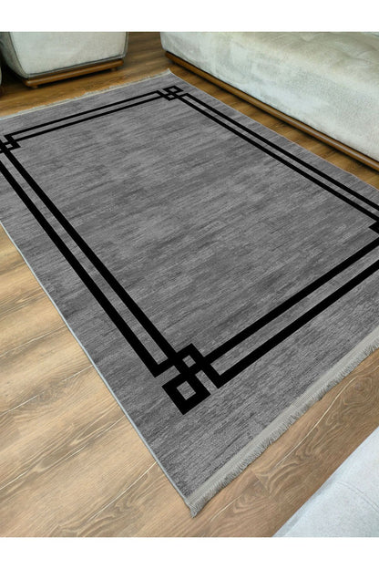 Halı Vagonu 2064 Siyah Çerçeve Desenli Yıkanabilir Kaymaz Salon Halısı, Koridor Ve Mutfak Halısı