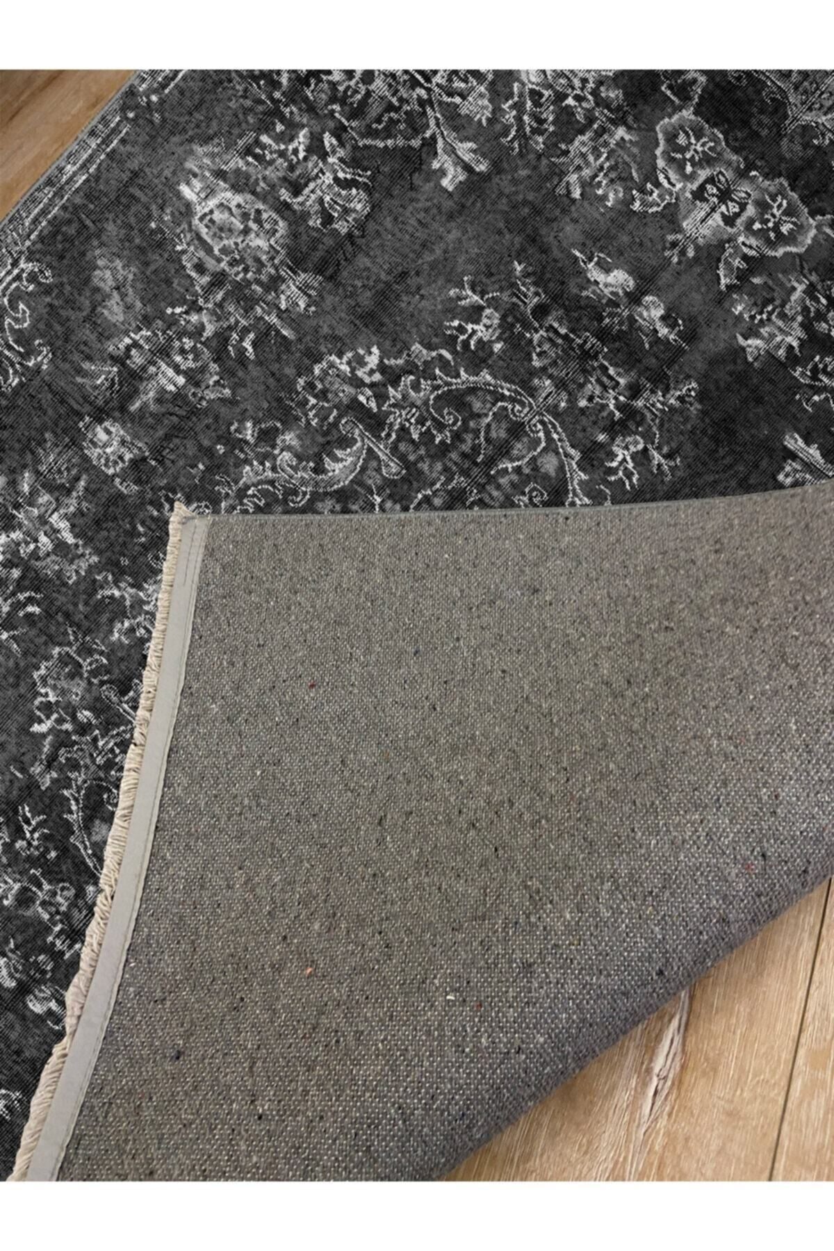 Halı Vagonu 2002 Gri Tonlarında Geometrik Desen Kaymaz Taban Dekoratif Halı