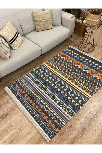 Cotton Kilim 24 Çok Renkli Geleneksel Motif Çizgili Desenli Dekoratif Yıkanabilen Dokuma Taban Kilim