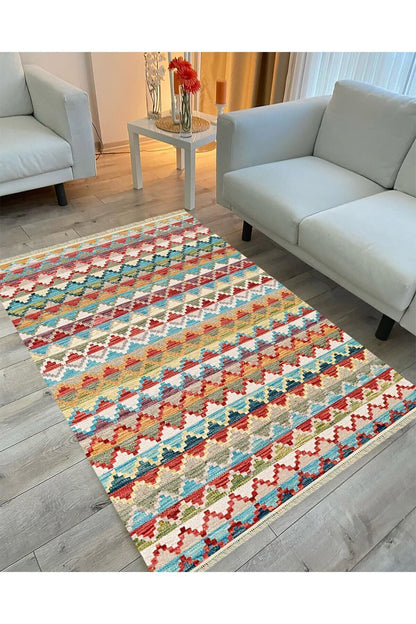 Cotton Serisi Multy Tonlarında Baklava Antika Desenli Dekoratif Dokuma Taban Kilim