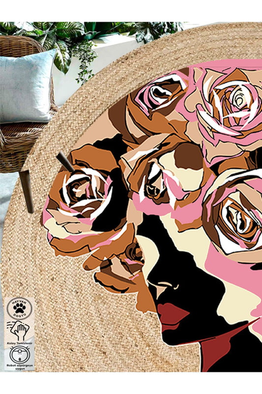 Boho 905 Jut Renkli Kadın Temalı Etnik Örgü Yuvarlak Natural Renk Çift Taraflı Halı, doğal jüt ipliklerin kullanıldığı şık bir tasarım.