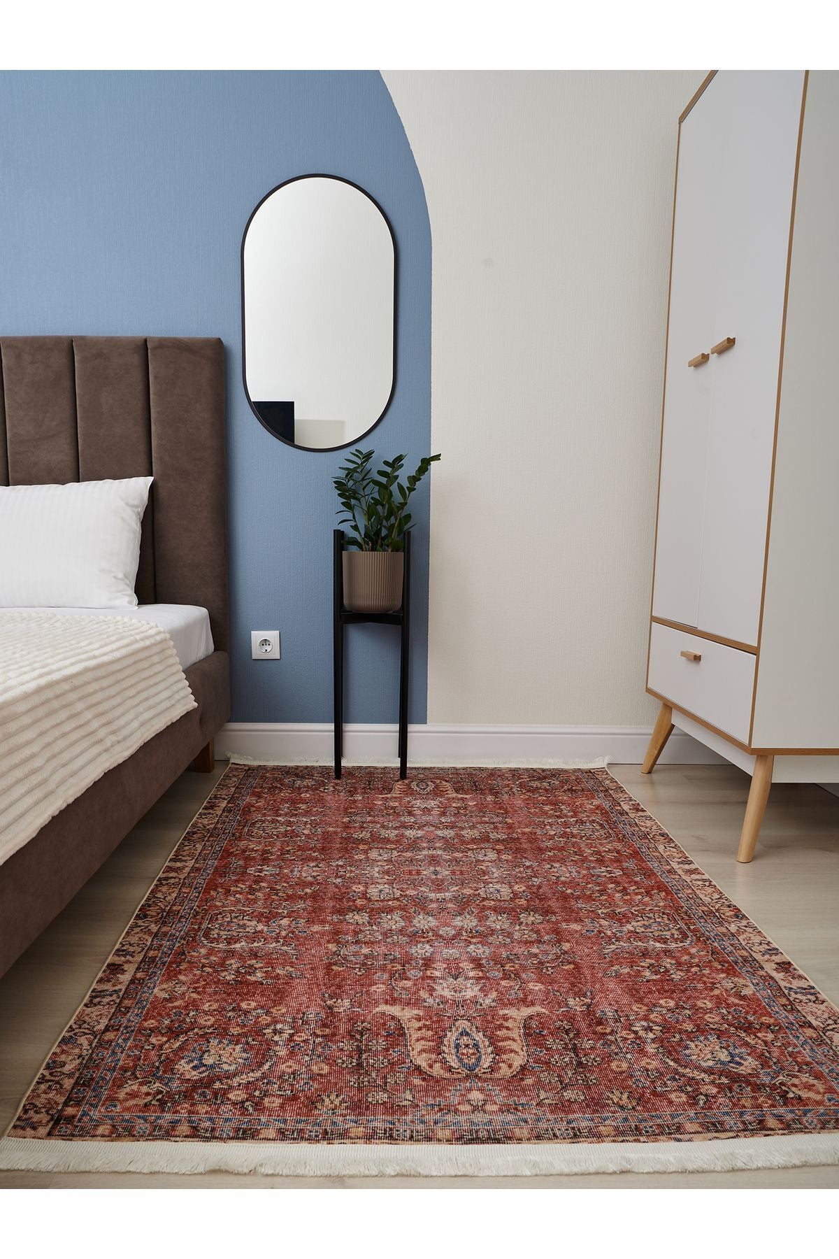 Halı Vagonu 2047 Bordo Tonlarında Etnik Eskitme Pamuk  Dokuma Taban Halı