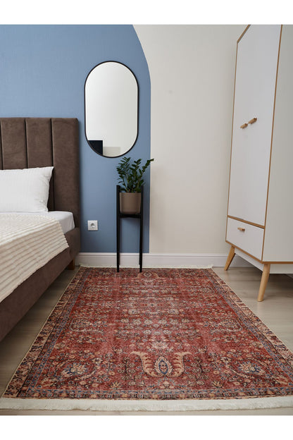 Halı Vagonu 2047 Bordo Tonlarında Etnik Eskitme Pamuk  Dokuma Taban Halı