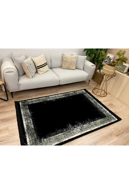Halı Vagonu 2000 Siyah Bordürlü Klasik Desen Kaymaz Taban Dekoratif Halı