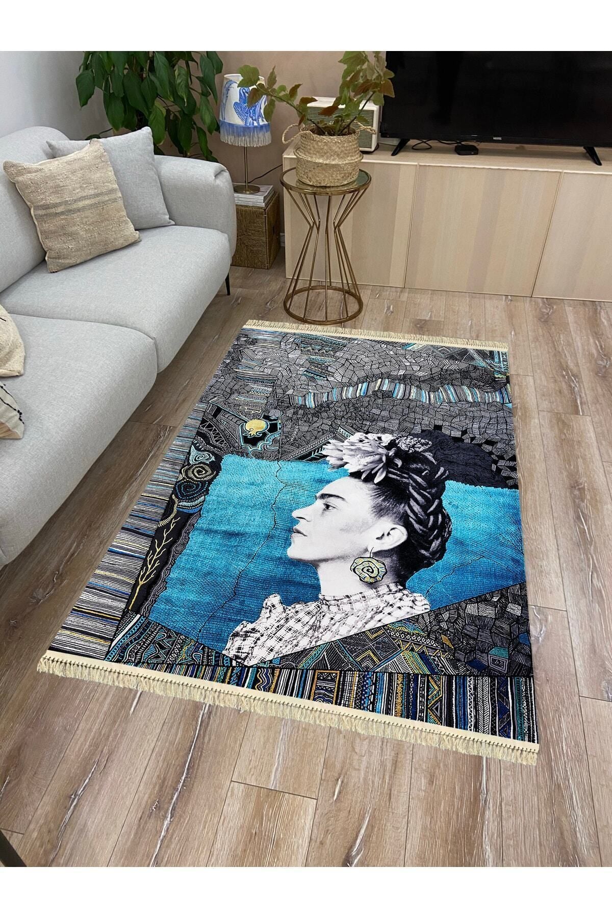 Halı Vagonu Serisi Gri Mavi Etnik Geometrik Desen Kaymaz Taban Şönil Halı