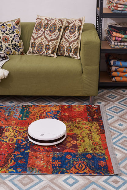 Halı Vagonu 2036 Renkli Etnik Eskitme Pamuk  Dokuma Taban Halı