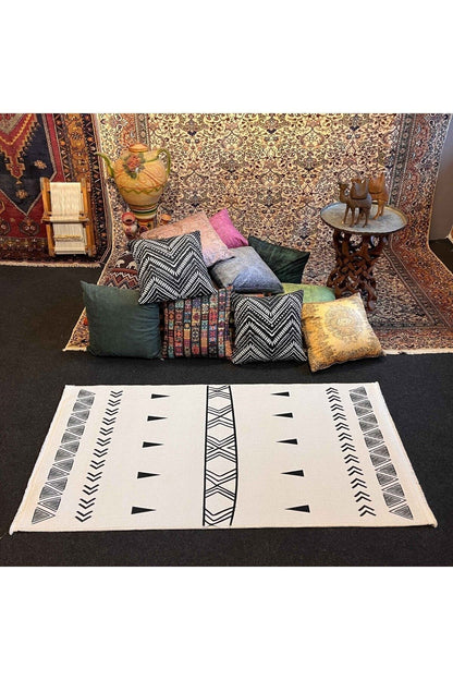 Yumuşak Dokulu  Soft Kilim Ekru - Saçaklı Dijital Baskı HV-SK-201