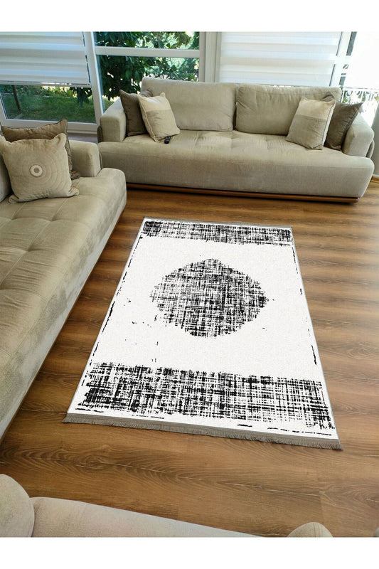 Halı Vagonu Halı 2088 Siyah Ve Tonlarında Dekoratif Halı Salon Halısı Saçaklı Yıkanabilen Halı