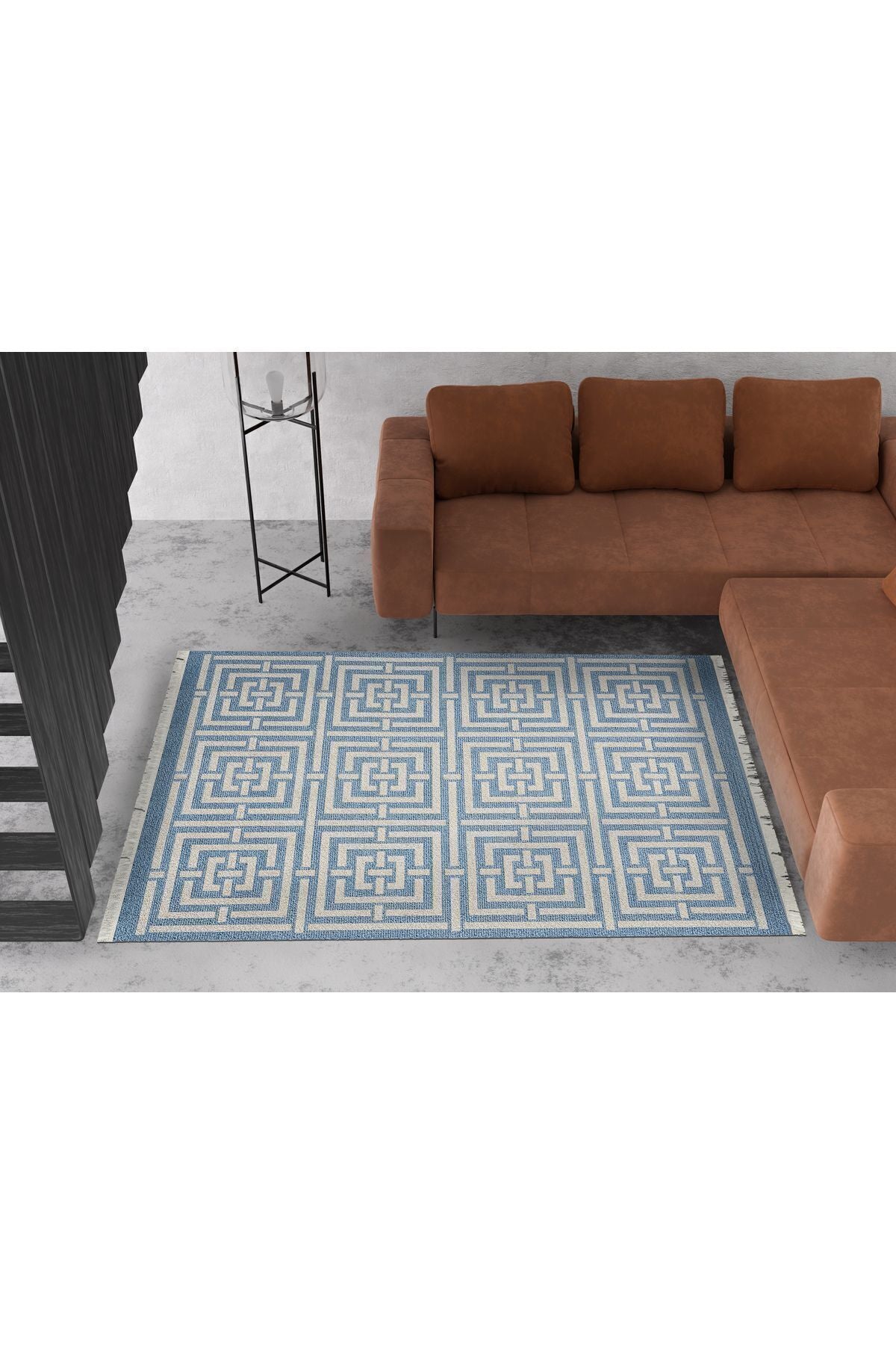 Cotton 83 Etnik Deniz Mavisi Modern Monogram Stil Pamuk Taban Kilim 083