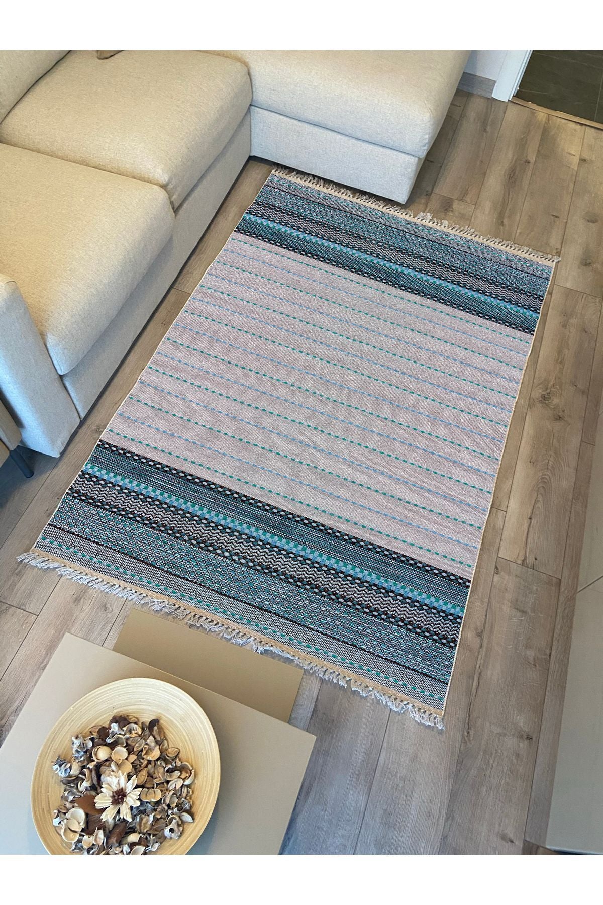 Cotton Kilim 52 Mavi Ve Gri Zeminli Geneleksel Motifler Modern Dekoratif Yıkanabilen Dokuma Kilim
