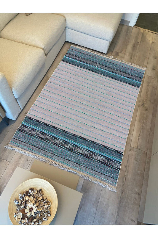 Cotton Kilim 52 Mavi Ve Gri Zeminli Geneleksel Motifler Modern Dekoratif Yıkanabilen Dokuma Kilim