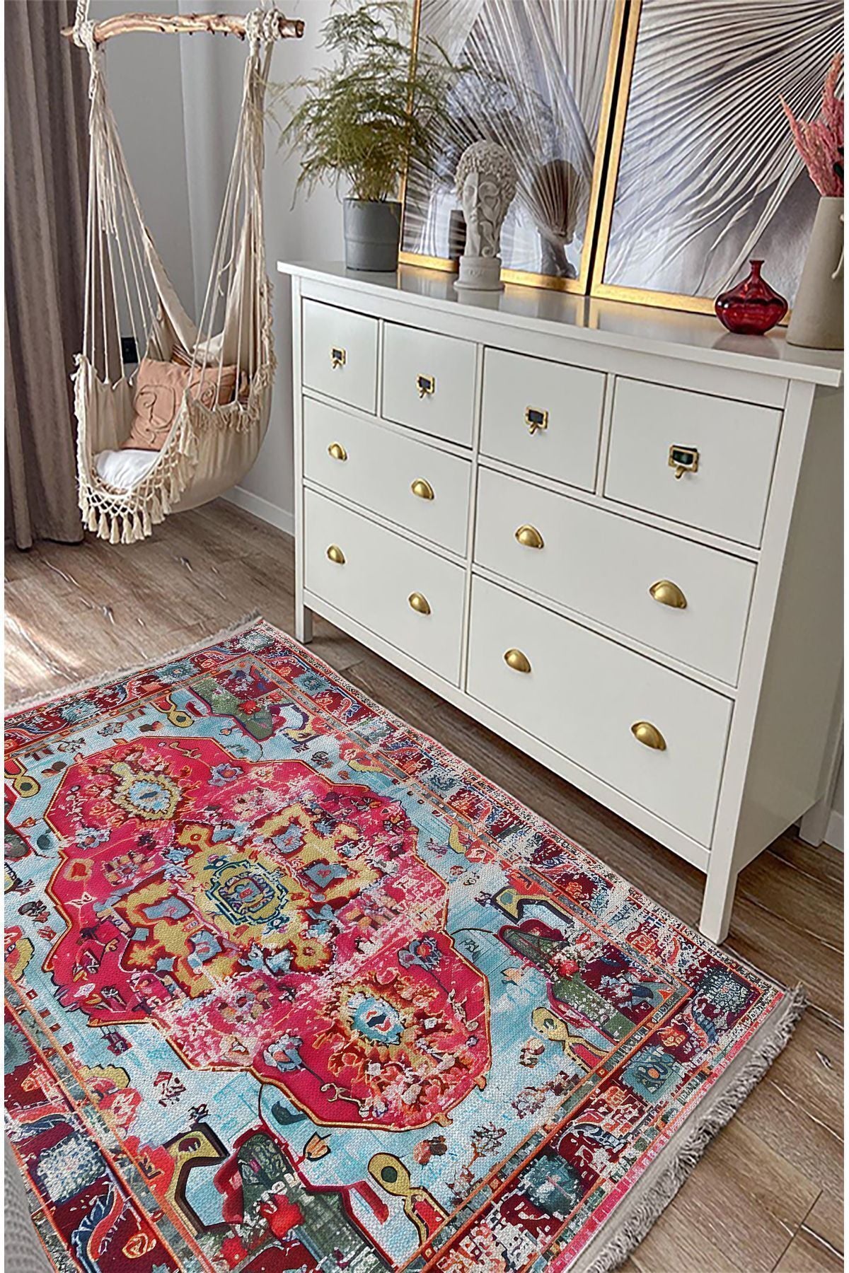 Halı Vagonu 91 Fuşya Tonlarında Klasık Dekoratif Salon Halısı Saçaklı Yıkanabilen Dekoratif Halı