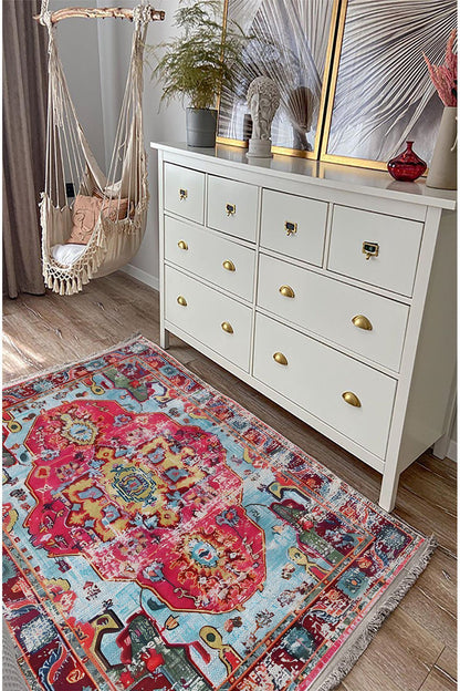 Halı Vagonu 91 Fuşya Tonlarında Klasık Dekoratif Salon Halısı Saçaklı Yıkanabilen Dekoratif Halı