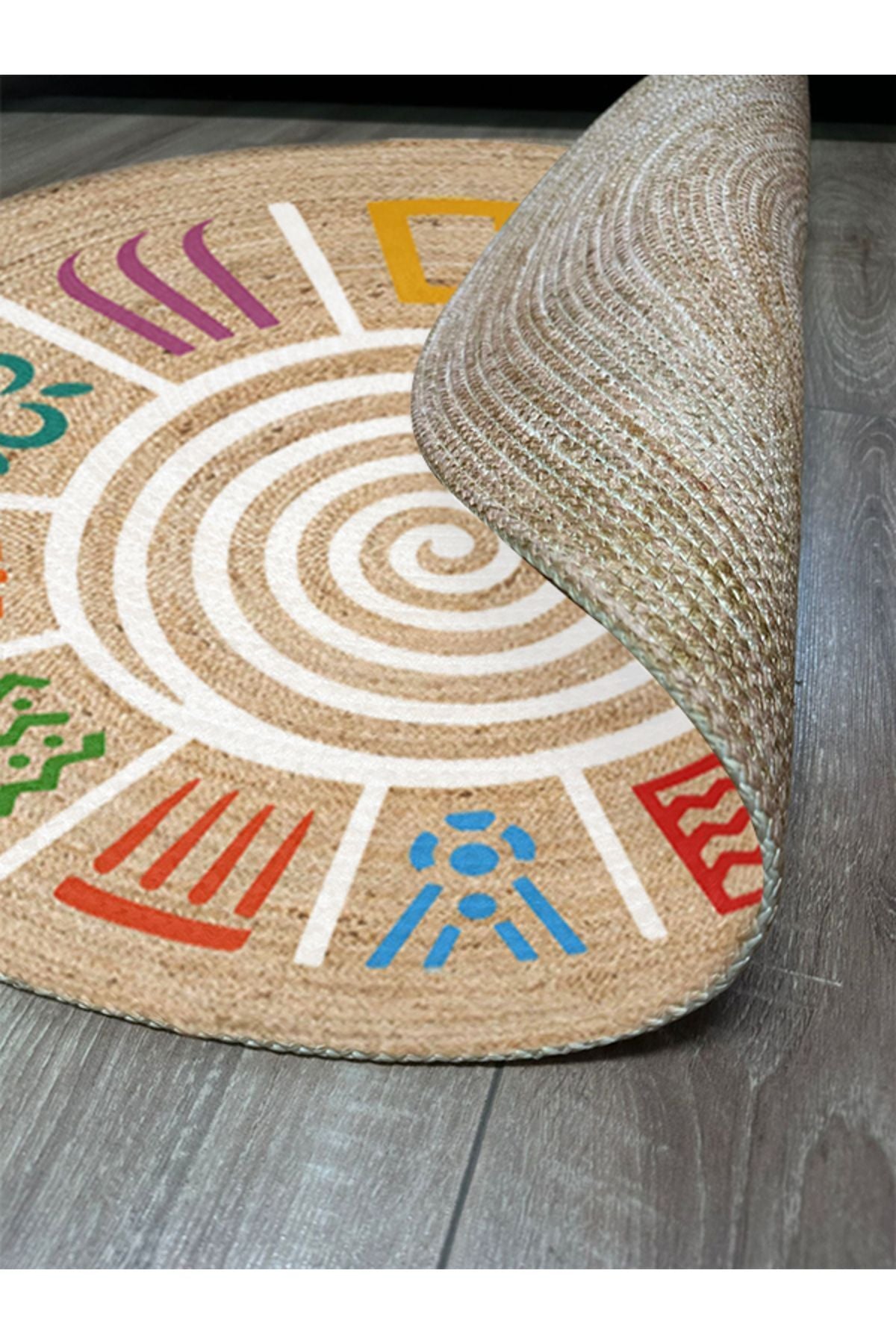 Boho 954 Multy Soyut Desenli Jüt Rengi Örgü Yuvarlak Natural Çift Taraflı Halı