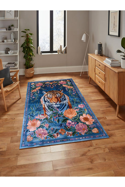 Floral Kaplan Temalı Çok Renkli Dokuma Taban Halı Salon Halısı Çocuk Halısı