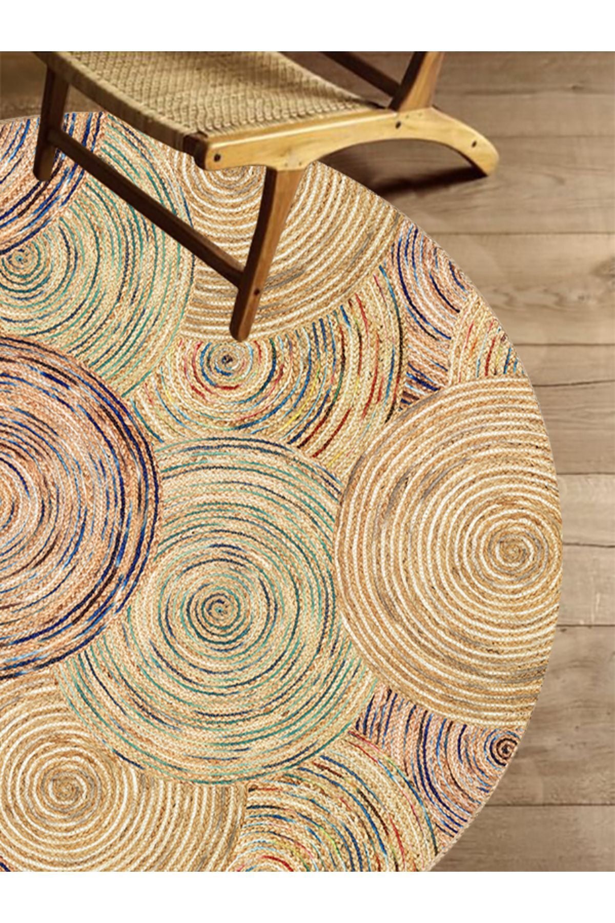 Boho 926 Jut Etnik Renkli Desenli Örgü Yuvarlak Natural Çift Taraflı Halı