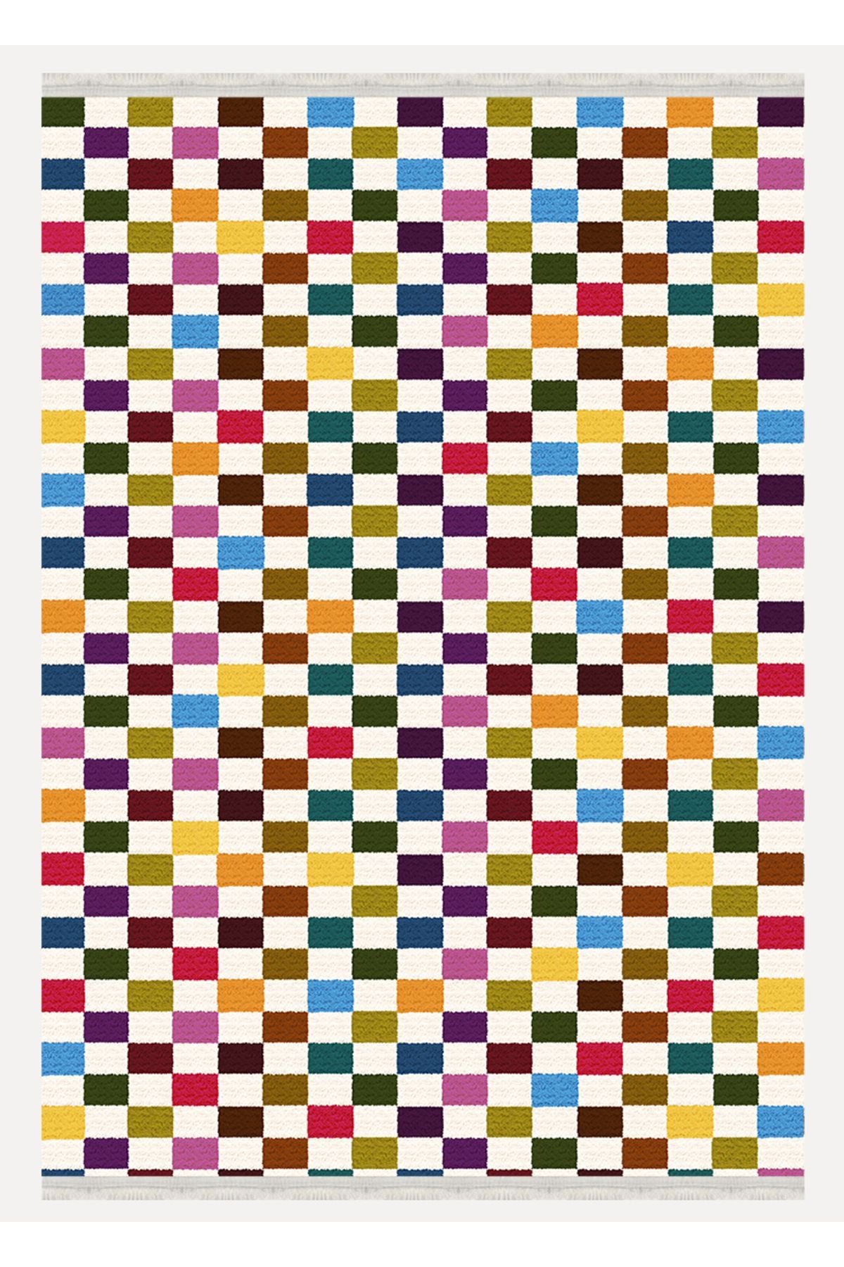 Halı Vagonu Modern Kareli Desenli Renkli Pamuk  Dokuma Taban Halı E47