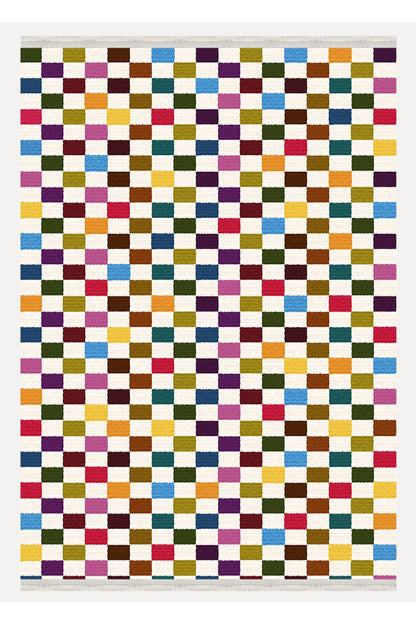 Halı Vagonu Modern Kareli Desenli Renkli Pamuk  Dokuma Taban Halı E47