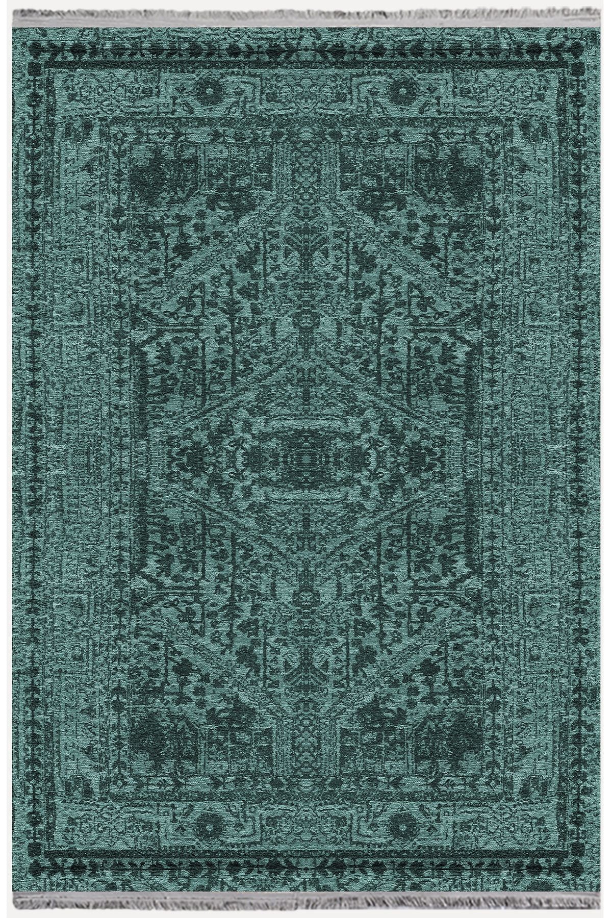 Halı Vagonu Serisi Su Yeşili Etnik Otantik Eskitme Desen Kaymaz Taban Şönil Halı