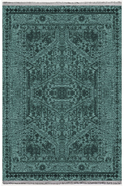 Halı Vagonu Serisi Su Yeşili Etnik Otantik Eskitme Desen Kaymaz Taban Şönil Halı