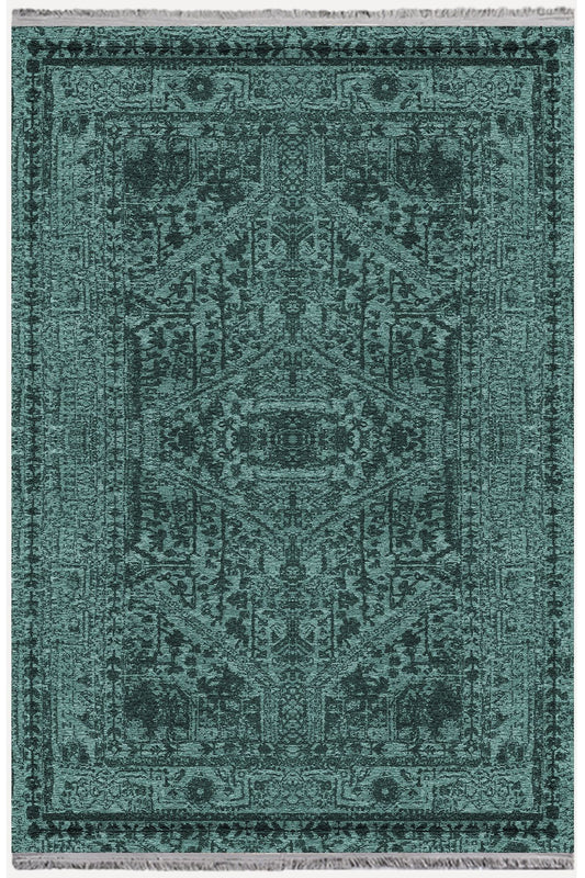 Halı Vagonu Serisi Su Yeşili Etnik Otantik Eskitme Desen Kaymaz Taban Şönil Halı