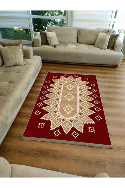 Halı Vagonu107 Kırmızı Tonlarında Klasık Dekoratif Kilim Salon Halısı Saçaklı Yıkanabilen Halı