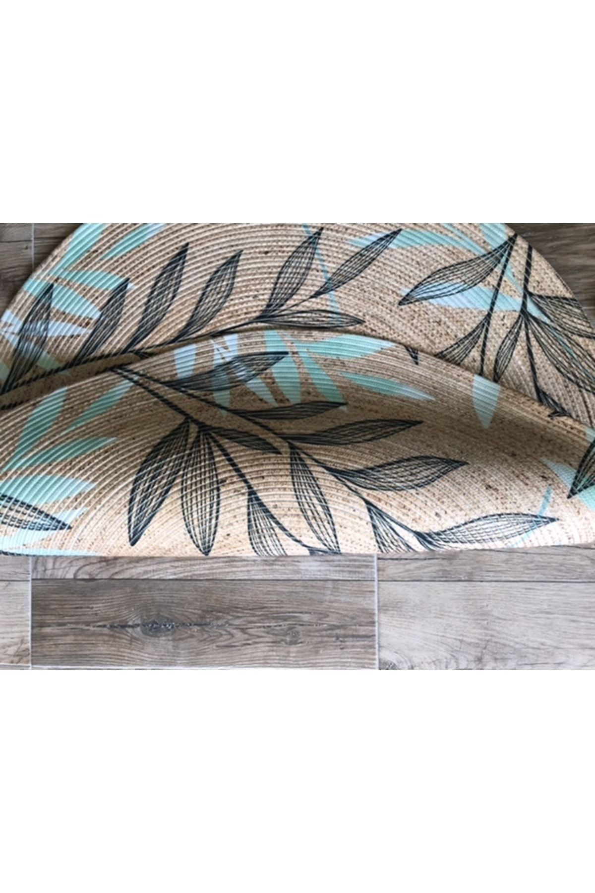 Halı Vagonu Tropikal Yapraklar Yuvarlak Jüt Örme Hasır Halı/Kilim HV-JH-09