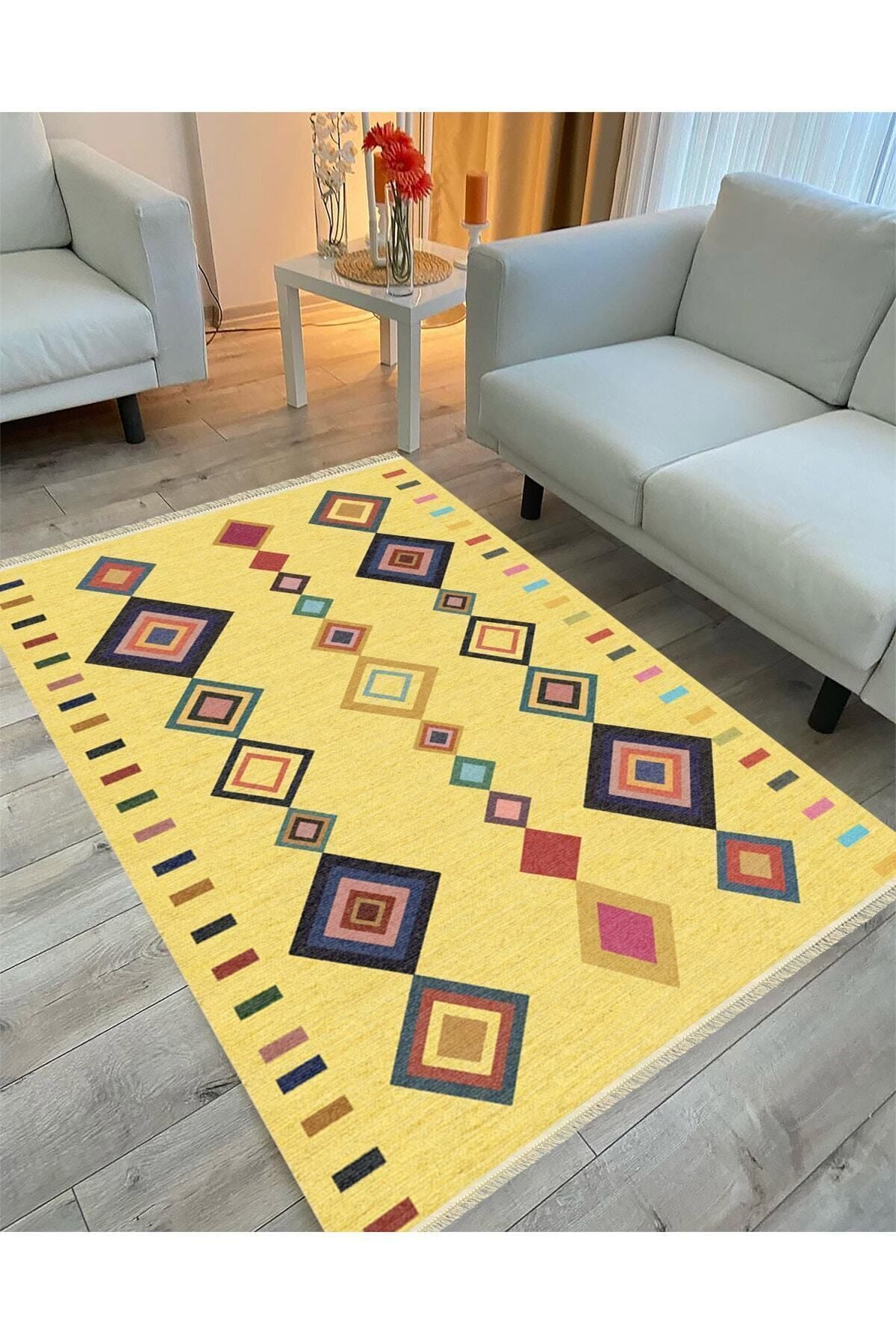 Cotton Serisi Sarı Tonunda Bordürlü Desen Dekoratif Dokuma Taban Kilim