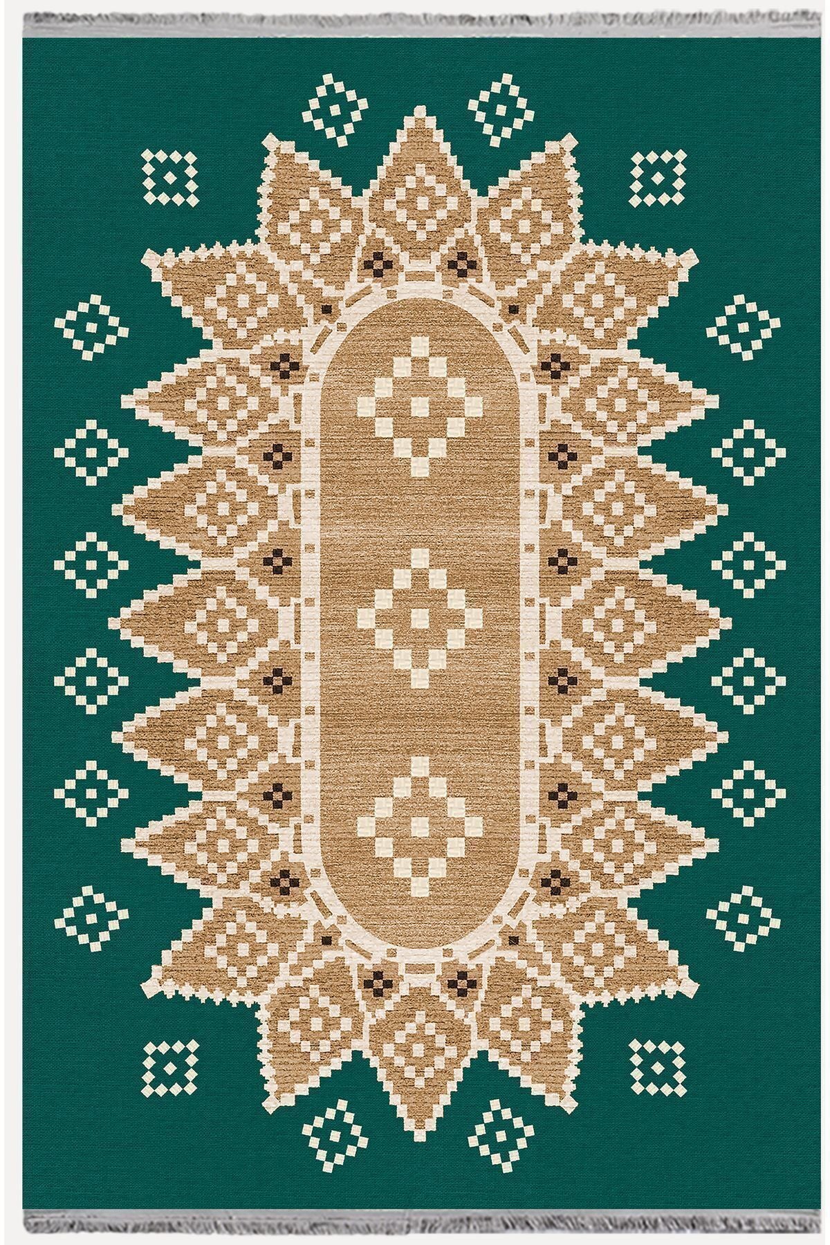 Halı Vagonu106 Yeşil Tonlarında Klasık Dekoratif Salon Halısı Saçaklı Yıkanabilen Halı