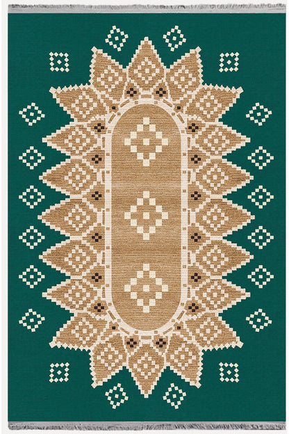 Halı Vagonu106 Yeşil Tonlarında Klasık Dekoratif Salon Halısı Saçaklı Yıkanabilen Halı