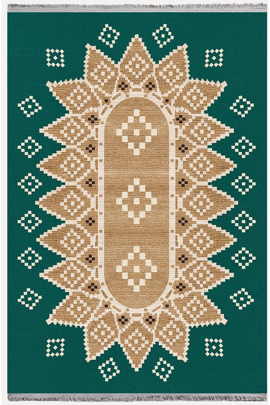 Halı Vagonu106 Yeşil Tonlarında Klasık Dekoratif Salon Halısı Saçaklı Yıkanabilen Halı