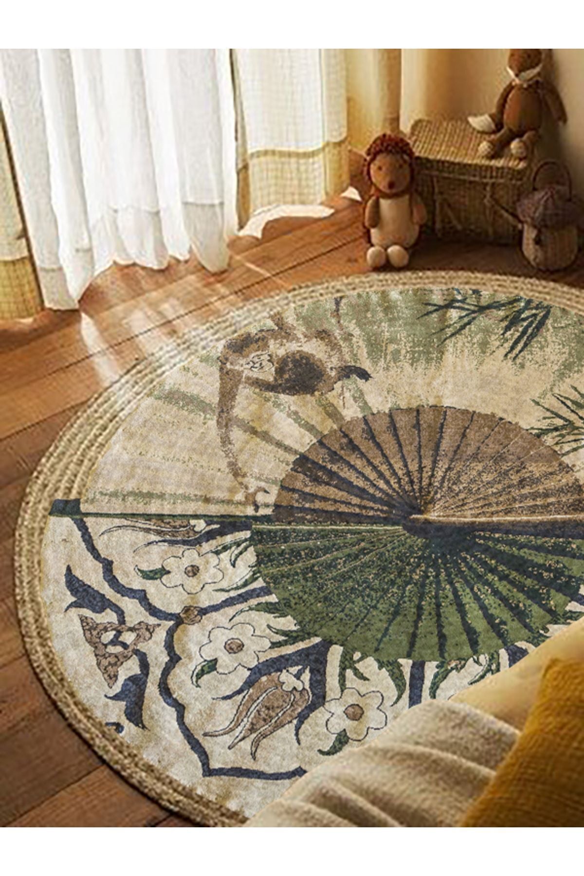 Evinize doğallık katacak Boho 901 Doğa Ve Botanik Desenli Etnik Örgü Yuvarlak Natural Renk, kaliteli Jüt Görünümlü Örgü Halı.