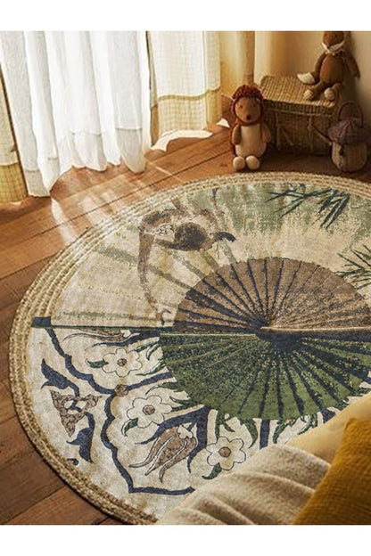 Evinize doğallık katacak Boho 901 Doğa Ve Botanik Desenli Etnik Örgü Yuvarlak Natural Renk, kaliteli Jüt Görünümlü Örgü Halı.