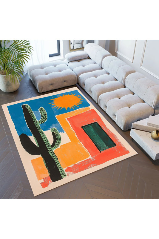 Halı Vagonu 207 Kaktüs Figürlü Art Modern Kaymaz ve Dokuma Taban Dekoratif Halı